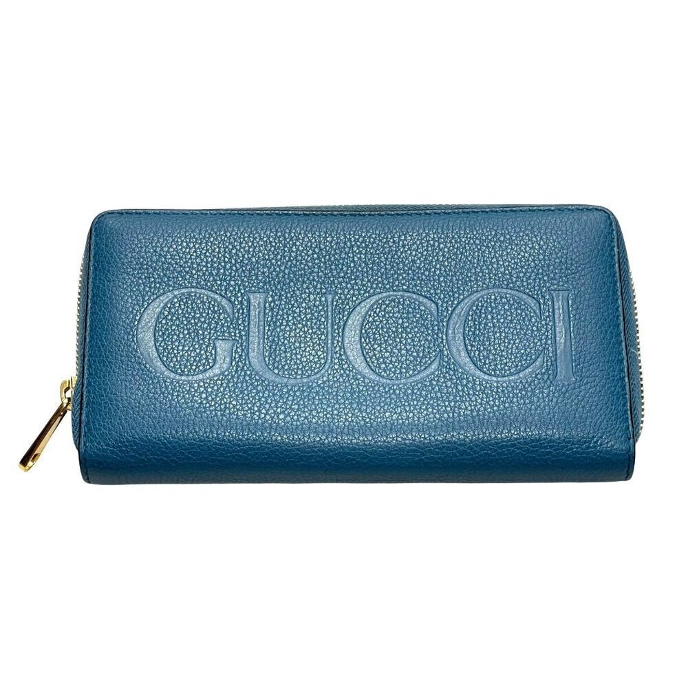 Gucci Blue Leather Zip-Around Wallet Embossed Logo Authentic